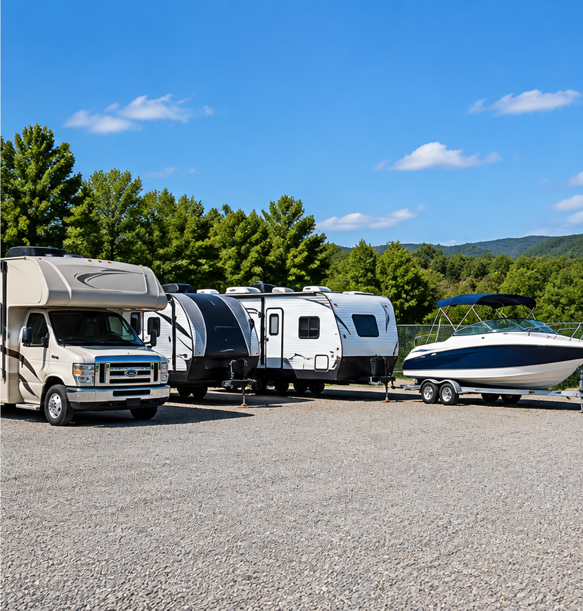 RVs, travel trailers, and a boat parked at Reed's RV and Boat Storage in Petaluma, CA